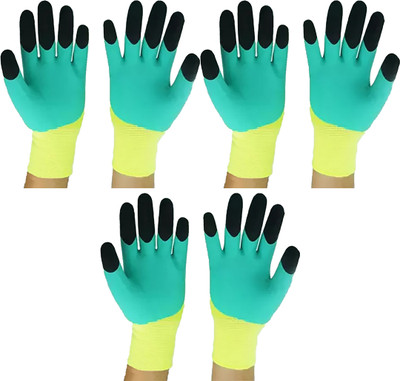 Safies Green Tiger Print Multipurpose Reusable & Washable Palm Coated PACK OF 3 PAIRS L Latex  Safety Gloves(Pack of 6)