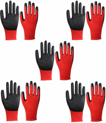 Donizard Red Black Nylon Shell With Black Crinkle Latex Palm Coated (Pack of 5 Pair) Synthetic, Nylon  Safety Gloves(Pack of 10)