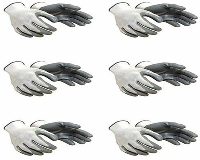 Aatrangi Grey White Reusable Washable Cut Resistance Nylon Safety Hand Gloves Nitrile  Safety Gloves(Pack of 12)