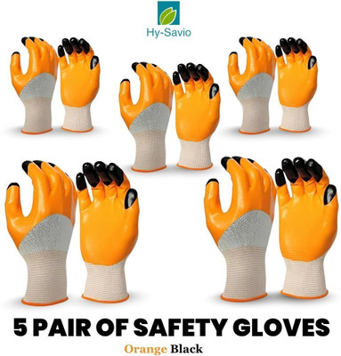 Hy-savio 5Pair Ornage Black Nylon Hand Safety Glove Work For Industrail Contraction Nylon, Nitrile  Safety Gloves(Pack of 10)