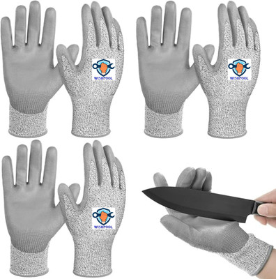 Wishpool 3 Pair Anti Cut Resistant Level 5 Protection Kitchen Glove for Cutting PU Coated Synthetic, Kevlar  Safety Gloves(Pack of 6)