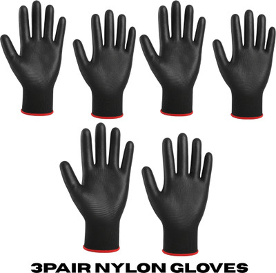 Hy-savio Nitrile Coated FirmGrip Industrial Safety Work Cut Resistant Gloves Black 3Pairs Nylon  Safety Gloves(Pack of 6)