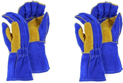 Hand safety Fr Leather Welders Glove With Reinforced Thumb Strap Heat/Fire Resistant Gloves Leather With Kevlar Stitching Blue - (Pack of 2) Leather  Safety Gloves(Pack of 4)