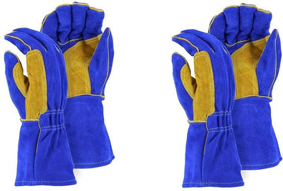 Hand safety Fr Leather Welders Glove With Reinforced Thumb Strap Heat/Fire Resistant Gloves Leather With Kevlar Stitching Blue - (Pack of 2) Leather  Safety Gloves(Pack of 4)