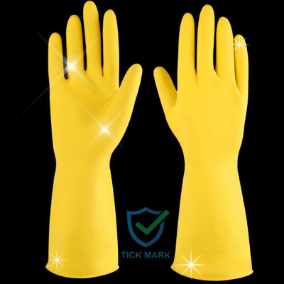 tick mark Yellow 1Pair Rubber Hand Safety Gloves For Chemical,industrial,Dishwashing use Rubber  Safety Gloves(Pack of 2)