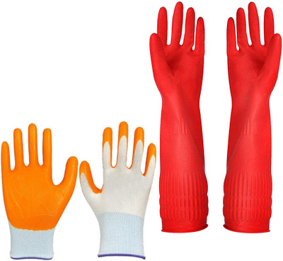 HM EVOTEK Nitrile Coated Industrial Safety Hand Gloves | Long Sleeve Cleaning Gloves K6 Golf Gloves(Orange, Red)