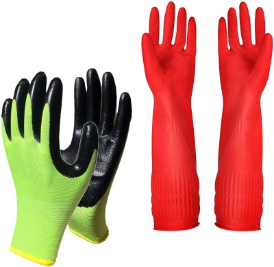 HM EVOTEK Long Hand Rubber Gloves for Cleaning, Gardening, Anti Cut & Heat Resistant K7 Skating Gloves(Green, Red)