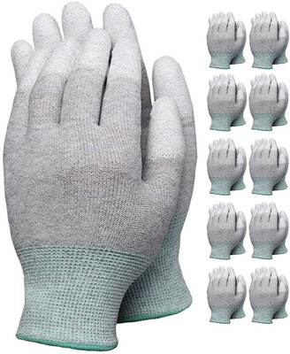 ESD Pack of 5 Pairs Anti Static Gloves Carbon Fiber PU Fingertip Coated Nylon  Safety Gloves(Pack of 10)