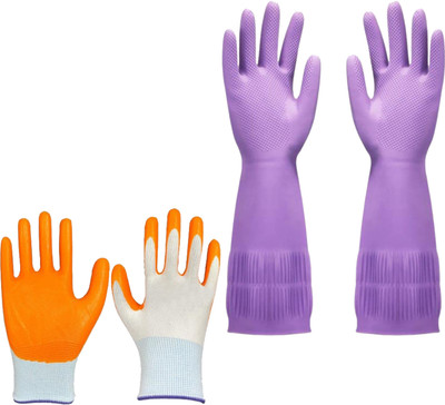 RBGIIT 1 Pair Orange White Nylon & Purple Koren Nylon, Rubber  Safety Gloves(Pack of 2)