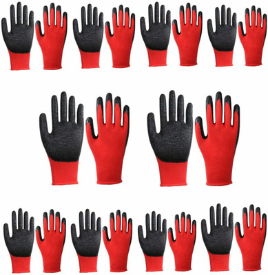 Donizard Red Black Nylon Shell With Black Crinkle Latex Palm Coated (Pack of 10 Pair) Synthetic, Nylon  Safety Gloves(Pack of 20)