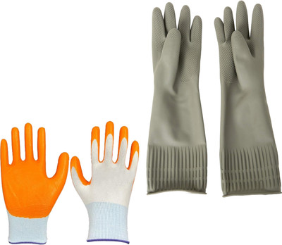RBGIIT 1 Pair Orange White Nylon & Grey Koren Nylon, Rubber  Safety Gloves(Pack of 2)