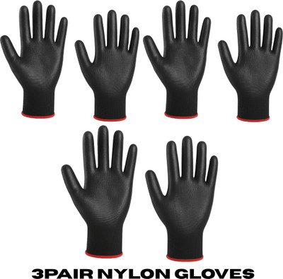 tick mark 3Pair Black Nylon Hand Safety Gloves Anti Cut Resistant For Rubber Coated Gloves Nylon  Safety Gloves(Pack of 6)