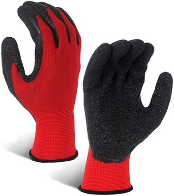 SAMBHAW Red Nylon Shell With Black Crinkle Synthetic Palm Coated Gloves 3 Pair Synthetic, Nylon, Polyester  Safety Gloves(Pack of 6)