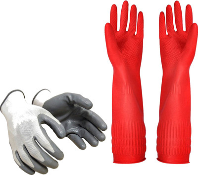 RBGIIT 1 Pair Grey White Heavy Nylon & Red Koren Nylon, Rubber  Safety Gloves(Pack of 2)