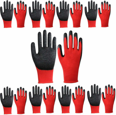 Donizard Red Black Nylon Shell With Black Crinkle Latex Palm Coated (Pack of 9 Pair) Synthetic, Nylon  Safety Gloves(Pack of 18)