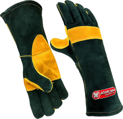 Ashlyn Leather Co. Heat Resistant Welding Gloves Green Yellow, Heavy Duty, Fireproof ASL003 Leather  Safety Gloves(Pack of 1)
