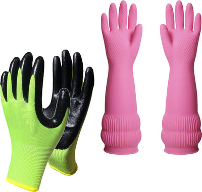 RBGIIT 1 Pair Radium Black Nylon & Pink Koren Nylon, Rubber  Safety Gloves(Pack of 2)