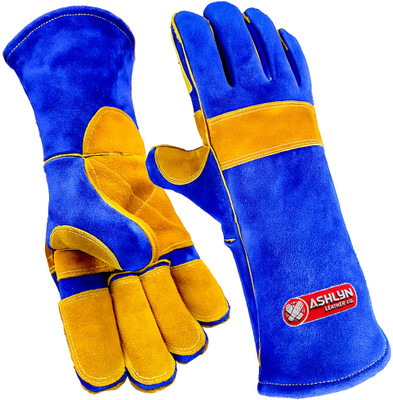 Ashlyn Leather Co. Heat Resistant Welding Gloves Blue Yellow, Kevlar Stitch, 14 Inch Long ASL011 Leather  Safety Gloves(Pack of 1)
