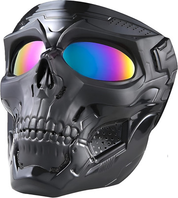 AutoKick SKM-105 – White Skull Mask with Blue Mirror Lenses Skull Face Mask Blowtorch  Safety Goggle(Free-size)