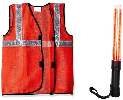 Crewbolt Polyester Mesh Light weight Reflective Safety Jacket Orange with Baton Light Safety Jacket(Orange)