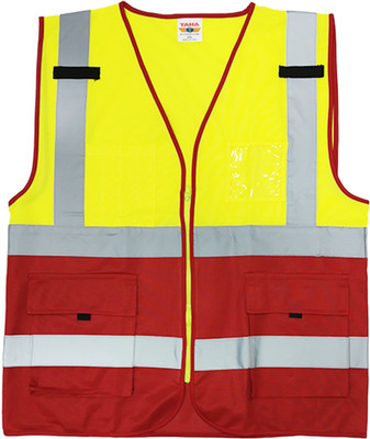 AIH SJ2RED POLYESTER KNITTED FABRIC SAFETY JACKET 4LINE REFLACTIVE TAPE WITH POCKET Safety Jacket(Yellow and Red)