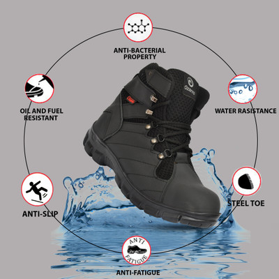 Ozarro Steel Toe Genuine Leather Safety Shoe(Black, S1, Size 6)