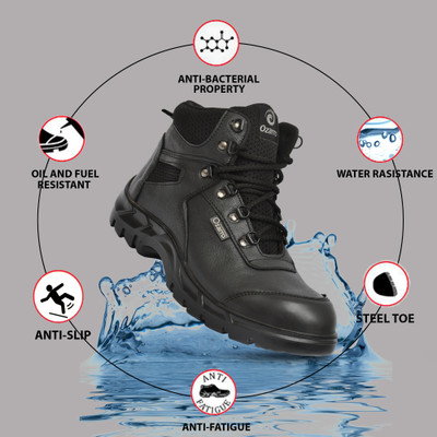 Ozarro Steel Toe Genuine Leather Safety Shoe(Black, S1, Size 10)