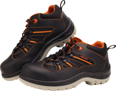 Karam Steel Toe Leather Safety Shoe(Black, Orange, S1, Size 11)