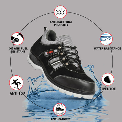 Ozarro Steel Toe Genuine Leather Safety Shoe(Black, S1, Size 6)