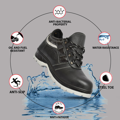 Ozarro Steel Toe Genuine Leather Safety Shoe(Black, S1, Size 6)