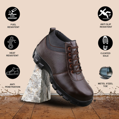ENRICH FIELD Steel Toe Genuine Leather Safety Shoe(Brown, S1P, Size 9)