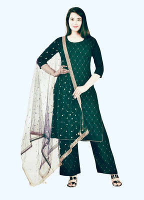 HOC's Embellished, Embroidered Kurta, Palazzo & Dupatta Set