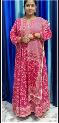 RIDDHI Floral Print, Embroidered Anarkali Kurta, Bottom & Dupatta Set