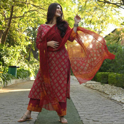 HRITVI FAB Printed Kurta, Trouser/Pant & Dupatta Set