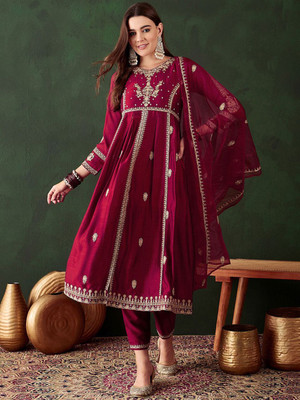 Sangria Embroidered Anarkali Kurta, Bottom & Dupatta Set