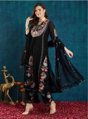 HOUSE OF COMMON Embroidered Anarkali Kurta, Bottom & Dupatta Set