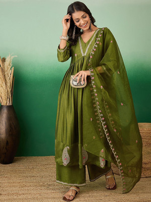 Sangria Embroidered Kurta, Palazzo & Dupatta Set