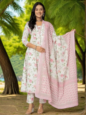 Om Sundaraaya Floral Print, Printed Anarkali Kurta, Bottom & Dupatta Set