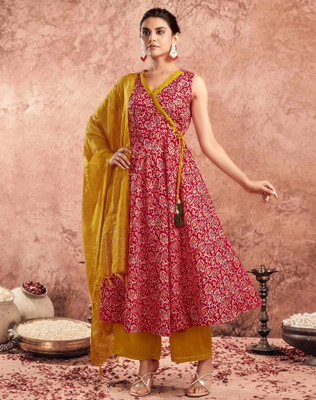 Tasrika Printed, Embellished Anarkali Kurta, Bottom & Dupatta Set