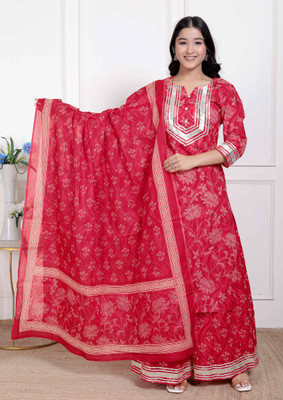 MIRAVAN Floral Print Kurta, Palazzo & Dupatta Set