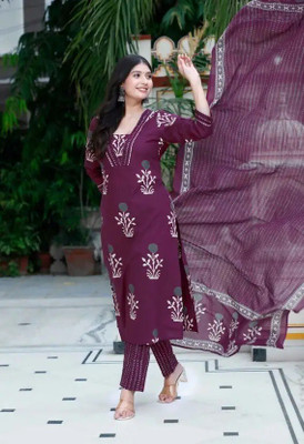OMSAILACES Floral Print, Printed Kurta, Trouser/Pant & Dupatta Set