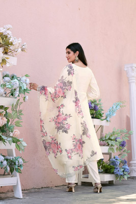 Aneri Solid, Floral Print Kurta, Trouser/Pant & Dupatta Set