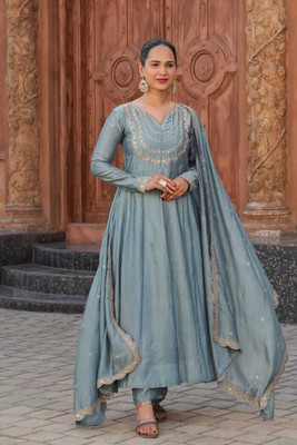 PQRST Embroidered Anarkali Kurta, Bottom & Dupatta Set
