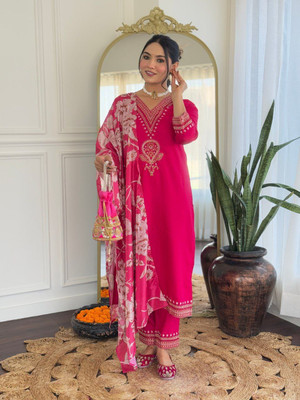 Nejadhari Fshion Solid, Embroidered Kurta, Trouser/Pant & Dupatta Set