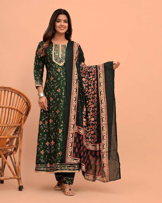 QUEENSFAB Printed, Embroidered, Embellished Anarkali Kurta, Bottom & Dupatta Set