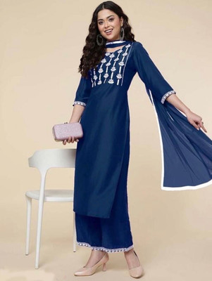 A One Collection Embroidered Kurta, Palazzo & Dupatta Set