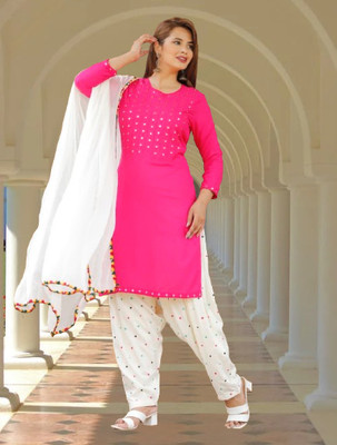 KRAFTTALESINDIA Embroidered, Embellished, Solid Kurta, Patiala & Dupatta Set