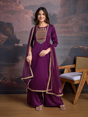 House of Pataudi Embroidered Kurta, Palazzo & Dupatta Set