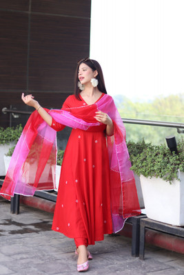 Tasrika Embroidered Anarkali Kurta, Bottom & Dupatta Set