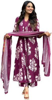 Burundi Blu Floral Print Kurta, Palazzo & Dupatta Set